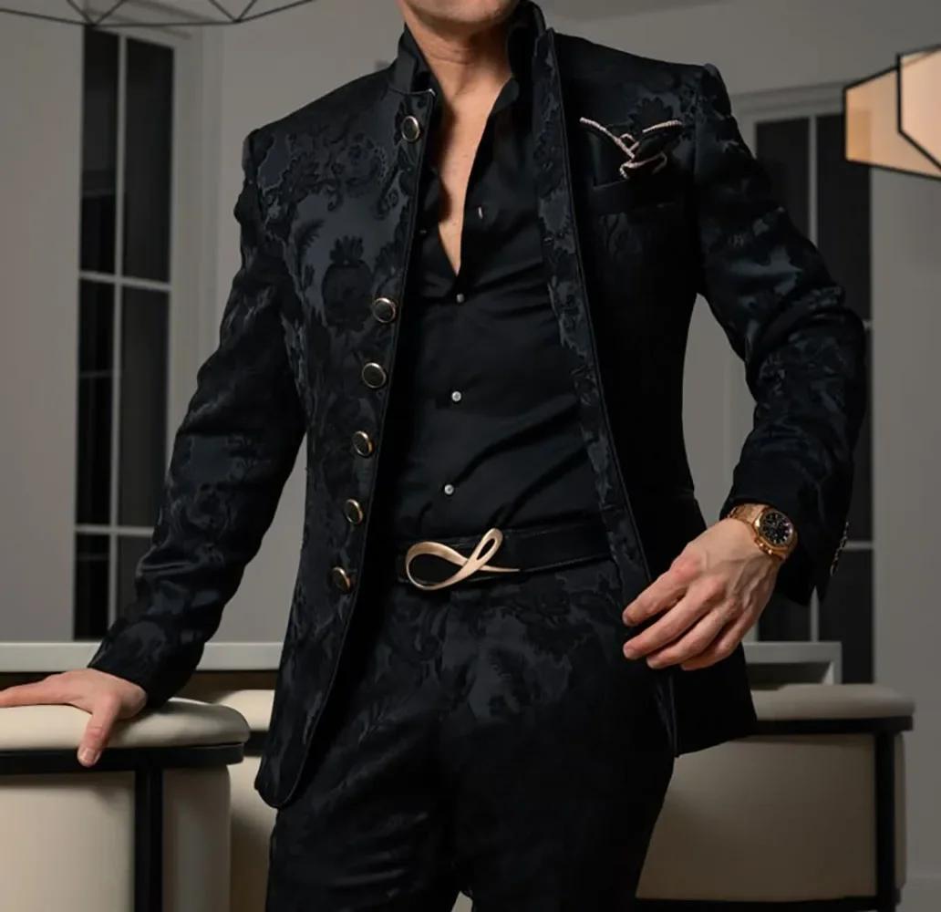 Costumes formels pour hommes, 2 pièces, blazer et pantalon, col montant, ensemble noir en jacquard p