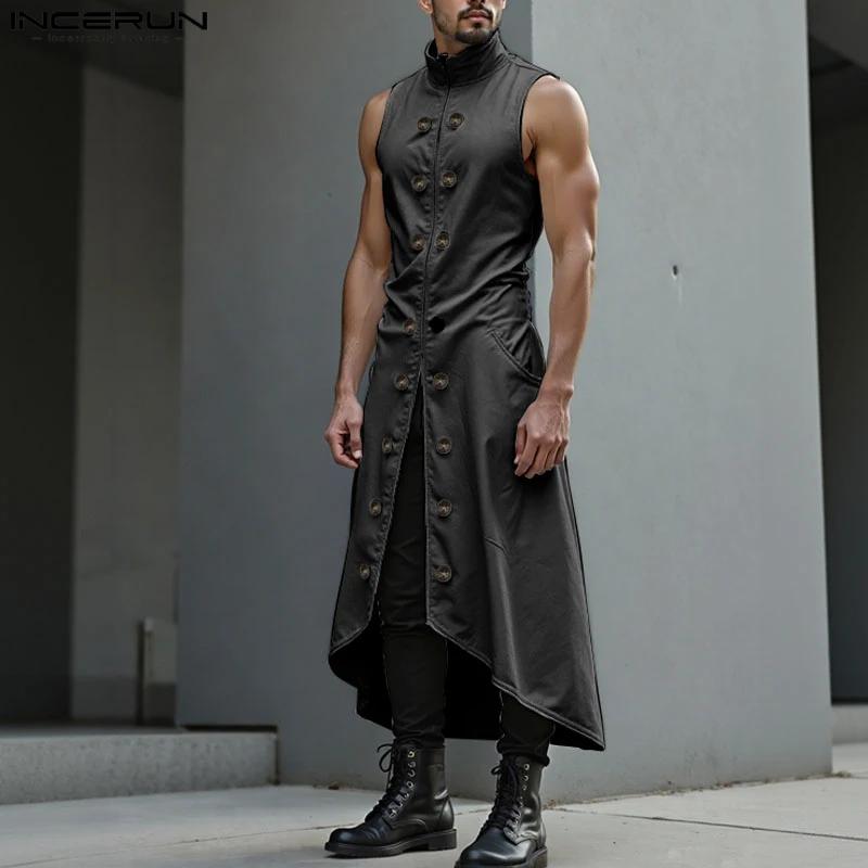 INCERUN hommes longs Style gilets couleur unie Double boutonnage décontracté hommes gilets haute rue