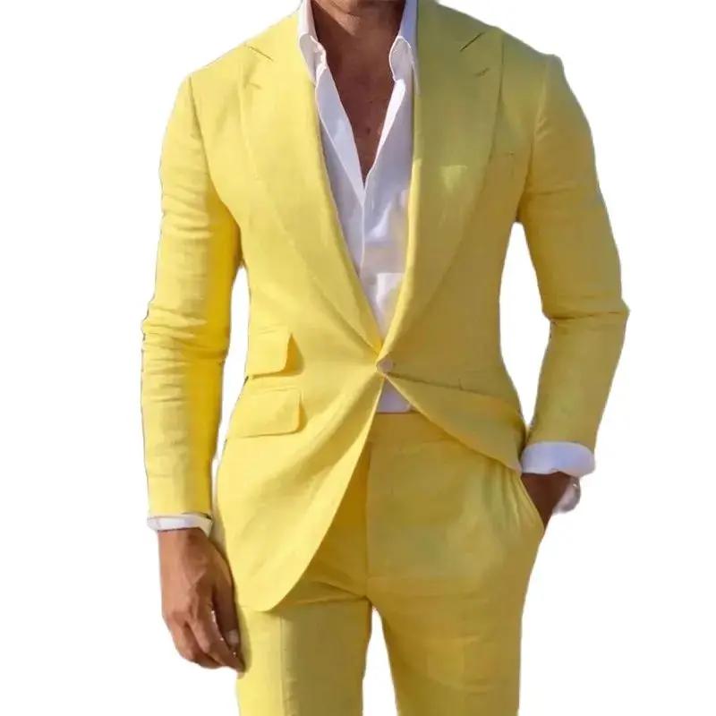 Costume Homme Jaune Slim Fit 2 Pièces pour Mariage, Smoking de Marié avec Revers Pointus, Nouveau De