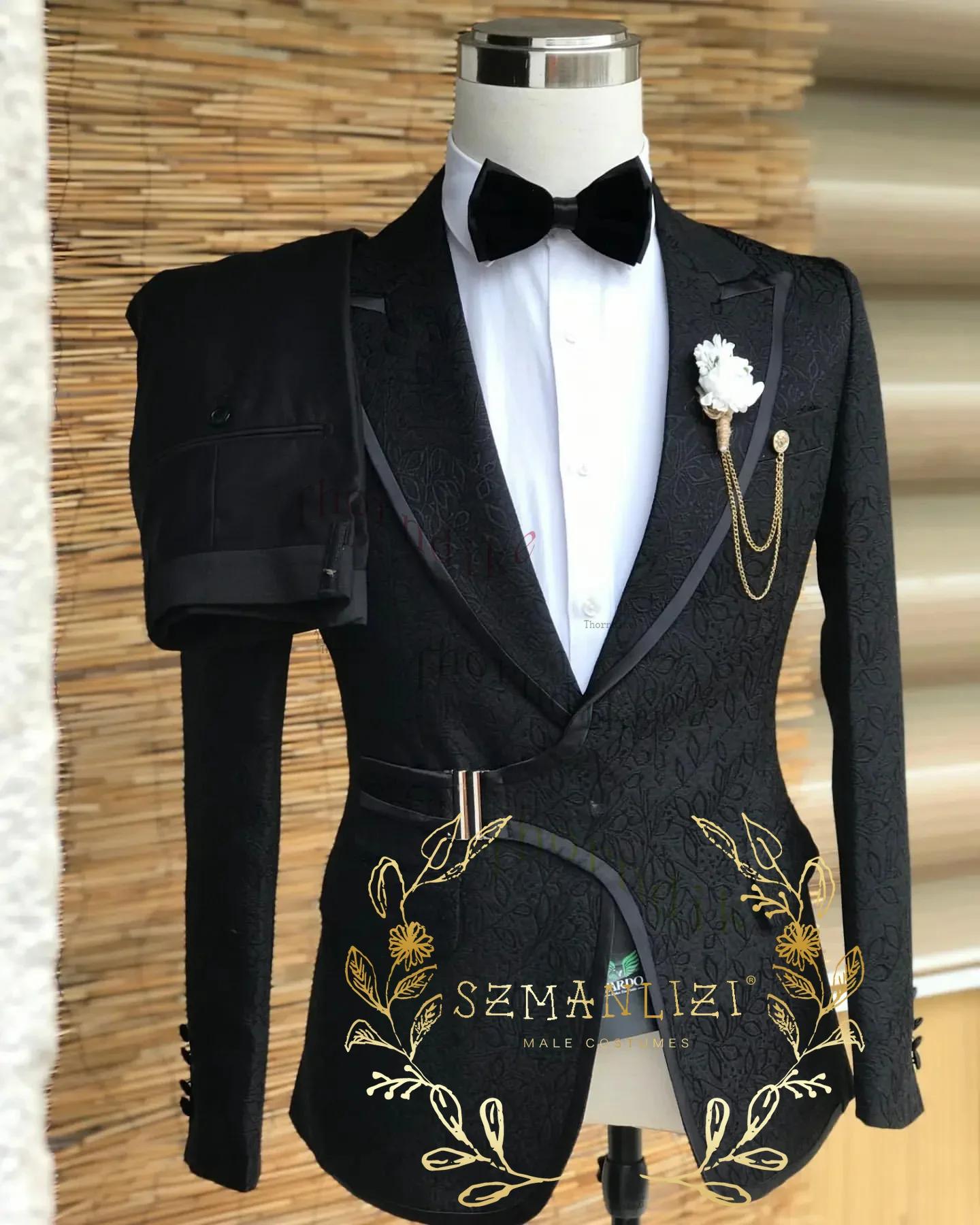 Costumes à Double boutonnage pour hommes, motif Floral noir, pour mariage, derniers modèles, Tuxedos