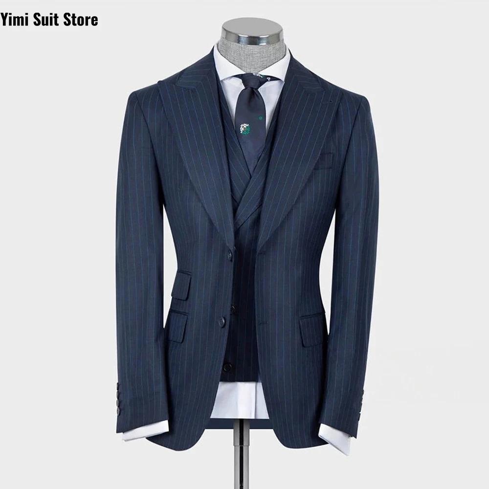 Costumes pour hommes bleu marine à rayures fines, 3 pièces, coupe régulière, revers pointus, ensembl