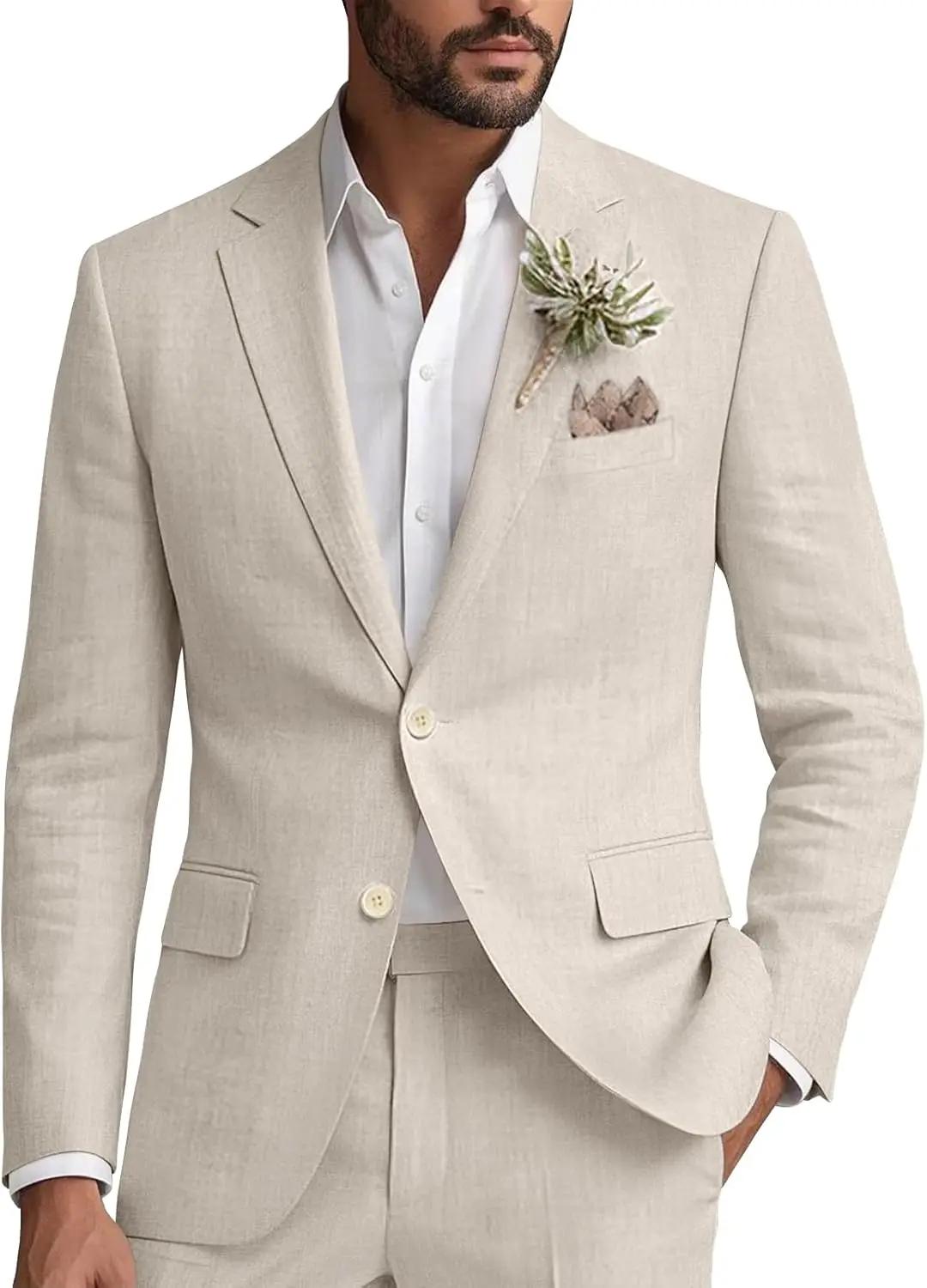 Costume en lin pour homme 2 pièces, coupe classique, idéal pour mariage à la plage, blazer et pantal