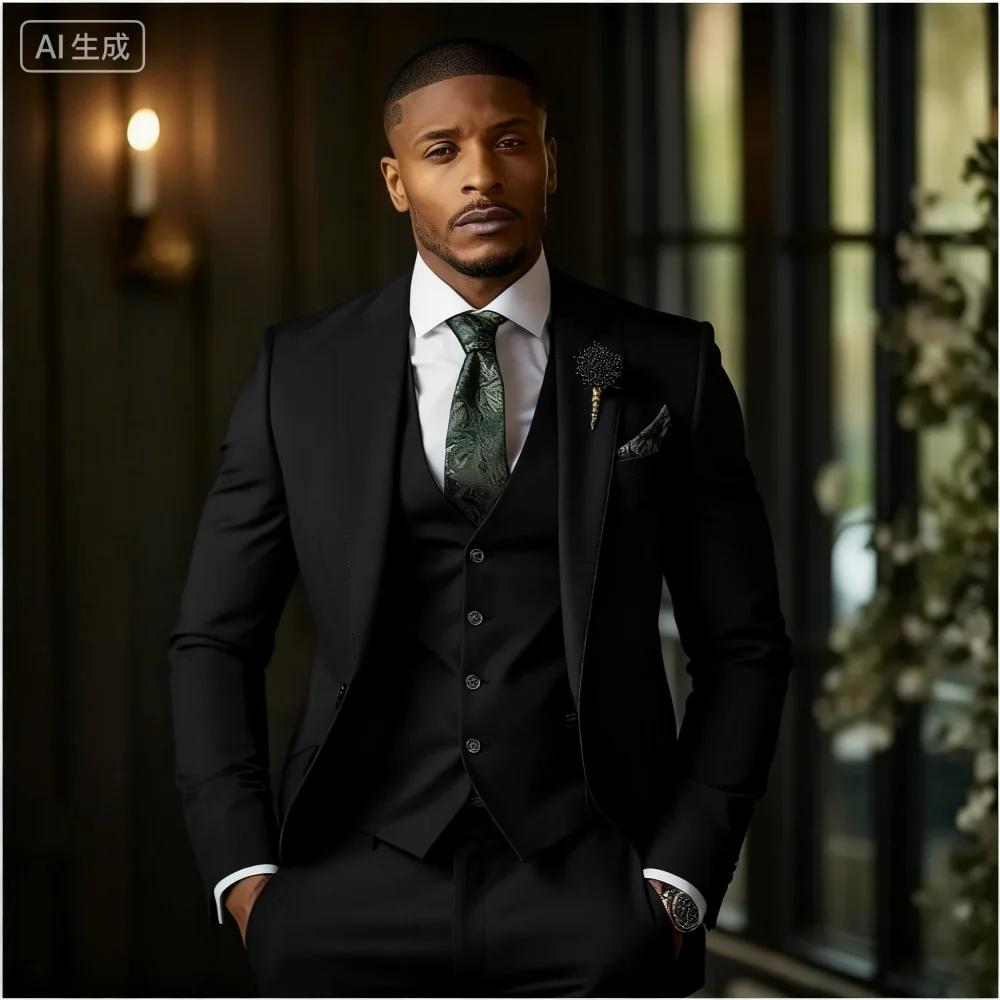 Veste élégante de smoking formelle pour hommes, 3 pièces, vert émeraude, avec revers cranté + gilet
