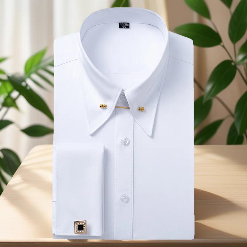 Boutons de manchette français brodés pour hommes, chemise à manches longues avec épingles à col, che