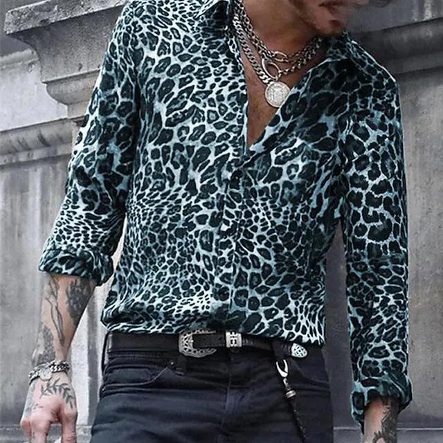 Chemise à manches longues pour hommes, motif imprimé léopard, bouton à revers, imprimé en 3D, décont