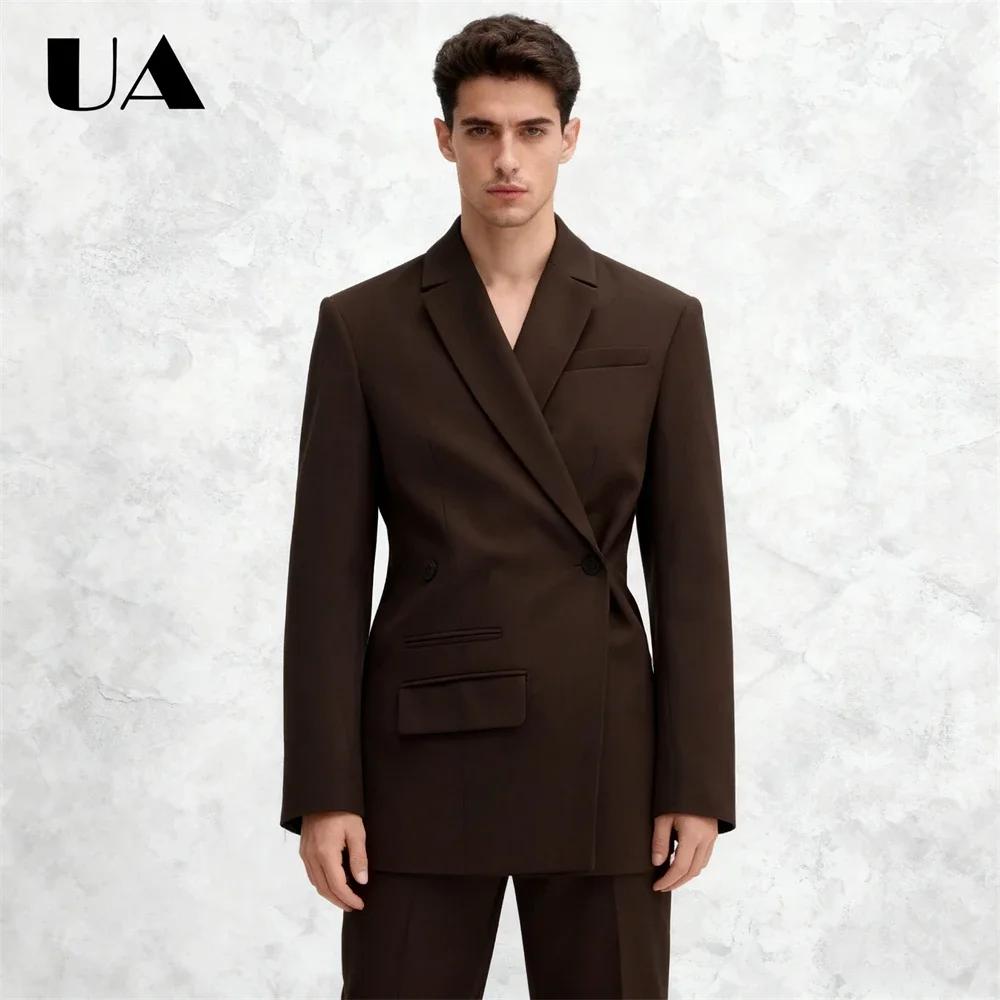Costume 2 pièces pour homme avec boutons latéraux, veste longue marron et pantalon assorti, tailles