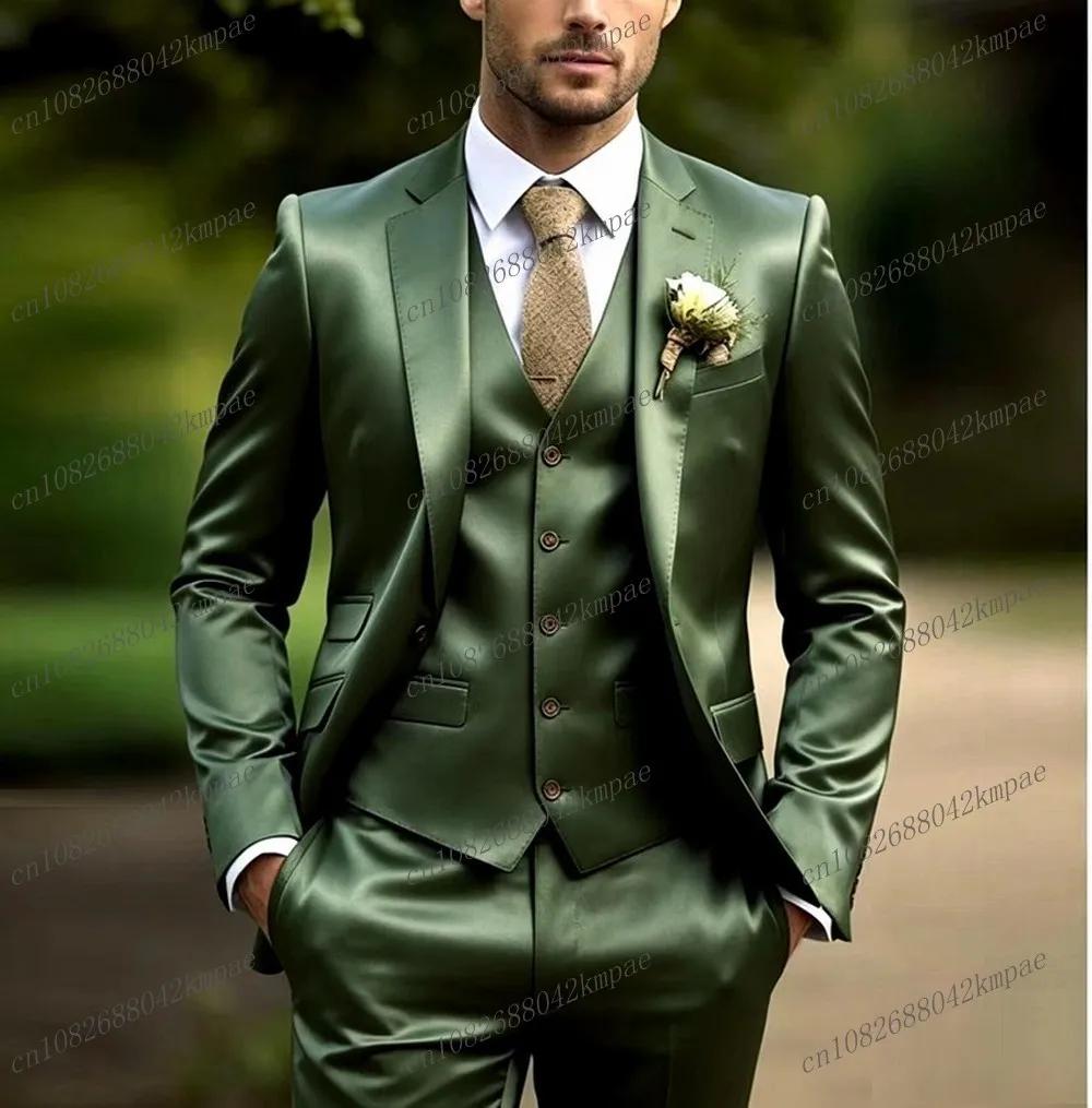 Costume de cérémonie pour homme en satin d'acétate vert foncé, pour marié, témoin, mariage, soirée,