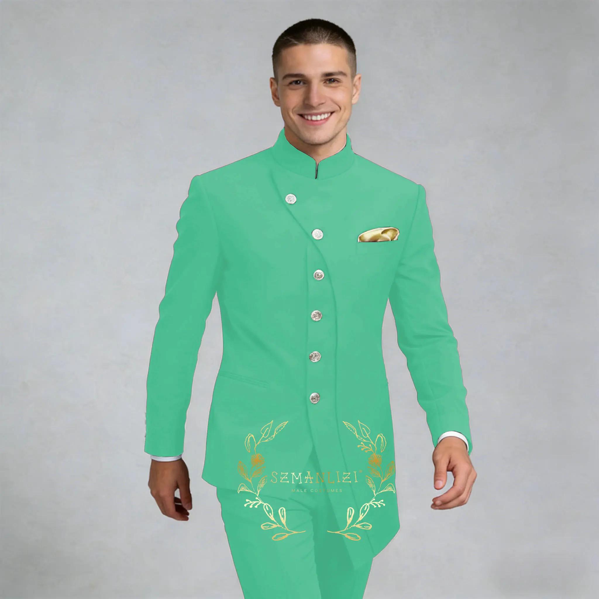 Costume de Mariage Homme Bleu Royal à Col Montant, Ensemble 2 Pièces (Veste et Pantalon) pour Marié,