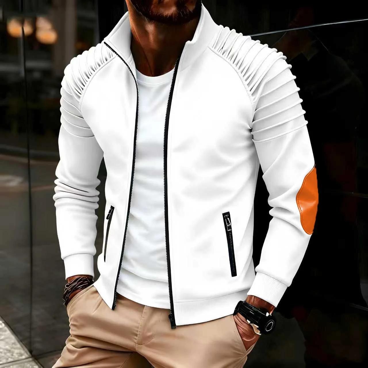 Veste homme avec fermeture éclair sur le devant, manches plissées, col montant décontracté, manches