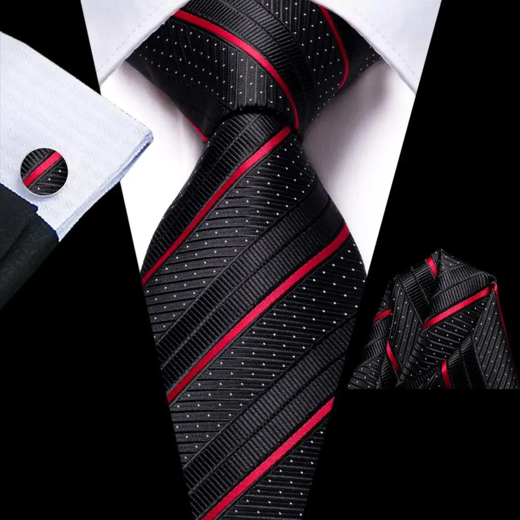 Cravate de mariage rayée noire et rouge pour homme, avec pochette de costume et boutons de manchette