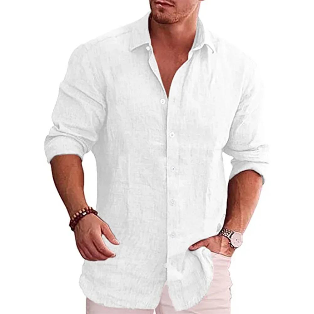 Chemise à manches longues pour hommes, en coton et lin, couleur unie, Style décontracté, grande tail