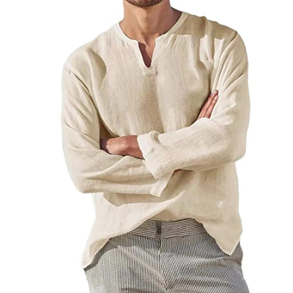 Chemise en coton et lin pour hommes, couleur unie, confortable, manches longues, dessus respirant, c