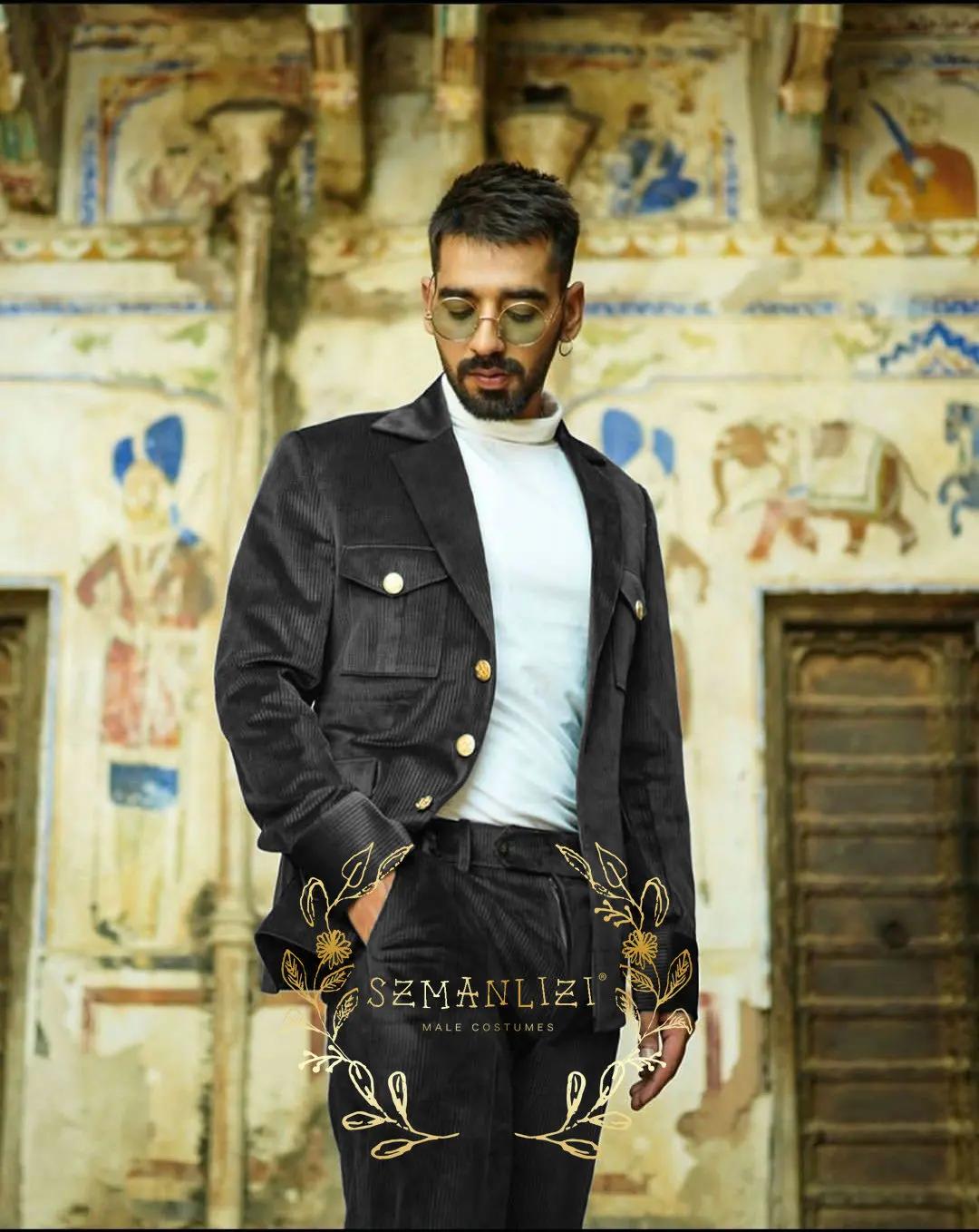 Costume Homme vert velours côtelé Vintage hommes costumes sur mesure 2 pièces ensemble mariage marié
