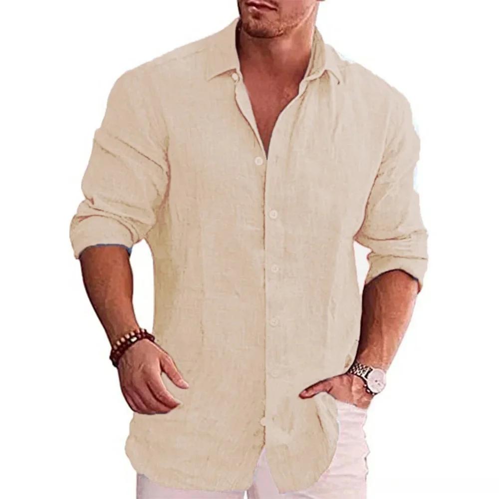 Chemise à manches longues pour hommes, en coton et lin, couleur unie, Style décontracté, grande tail