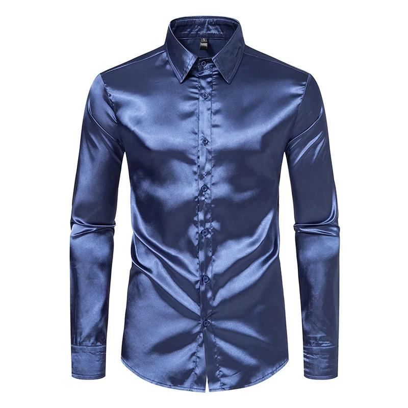 Chemises de luxe en Satin noir pour hommes, chemise de smoking lisse en soie, couleur unie, pour fêt