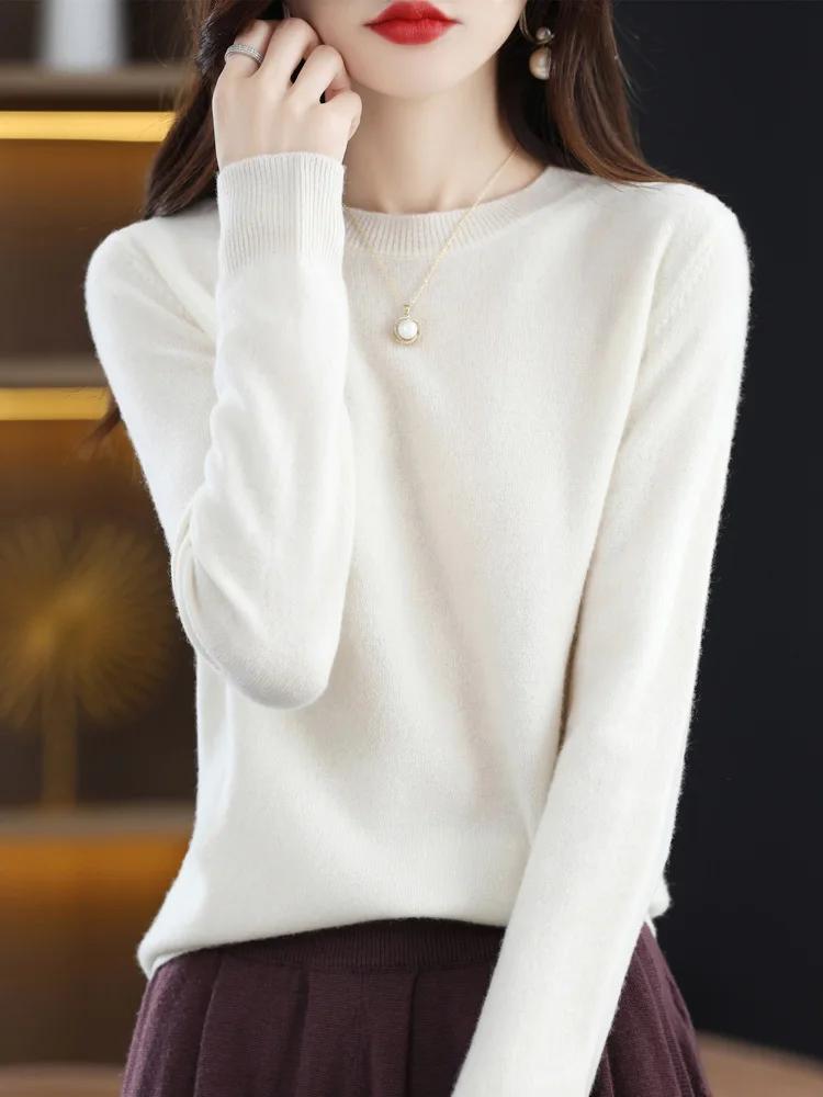 Mode 100% laine mérinos pull élégant cachemire pull femmes col rond à manches longues tricots vêteme