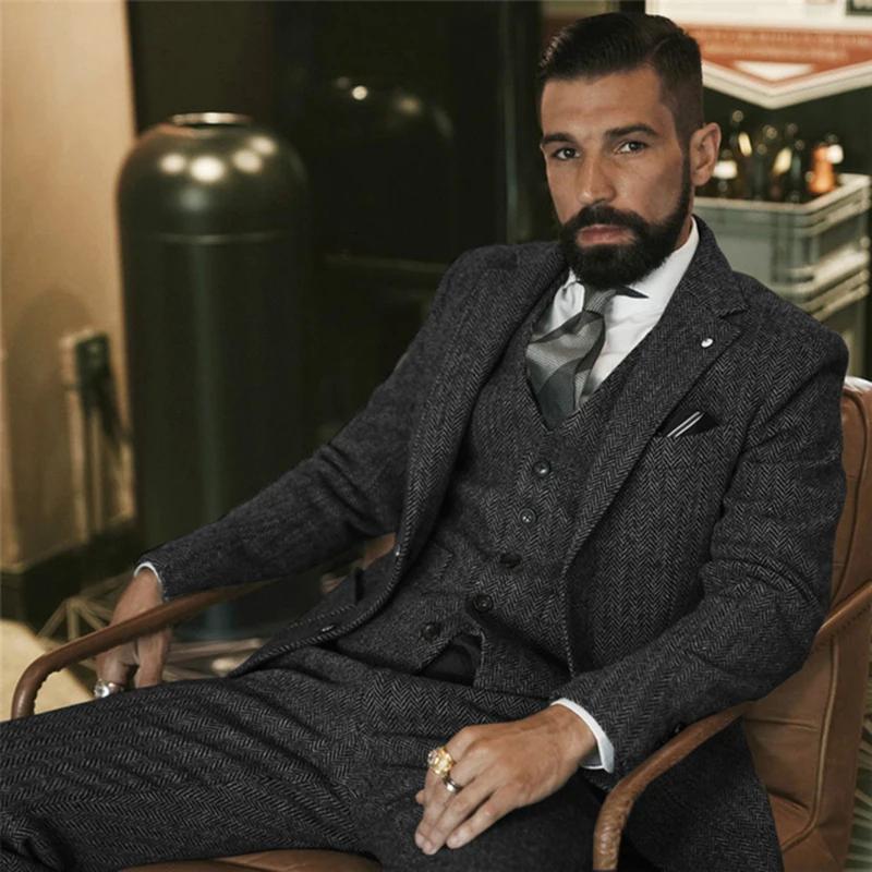 Costume d'hiver en Tweed de laine grise pour hommes