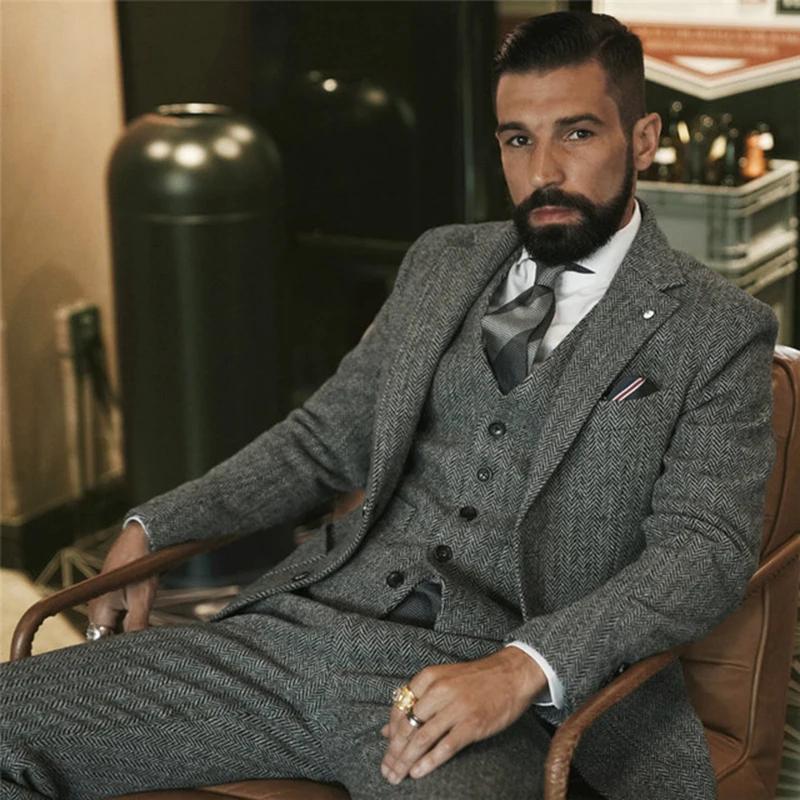 Costume d'hiver en Tweed de laine grise pour hommes