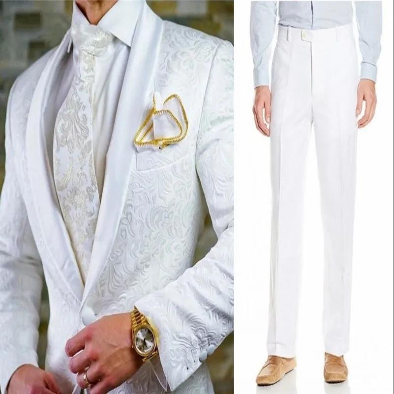 GroomTIME-Costumes 2 pièces en satin blanc pour hommes