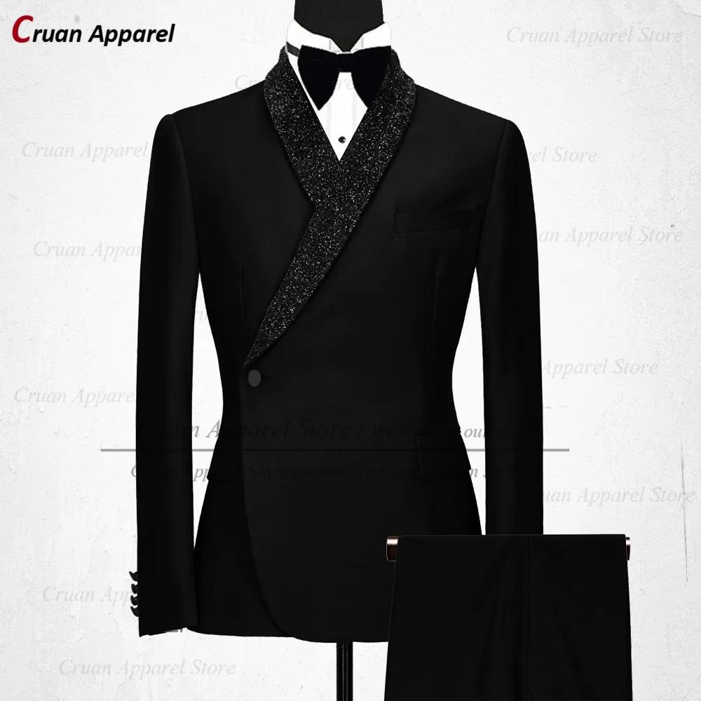 Luxe formel noir mariage hommes costume ensemble coupe ajustée garçons d'honneur marié smoking blanc nouveaux modèles brillant châle revers Blazer pantalon 2 pièces