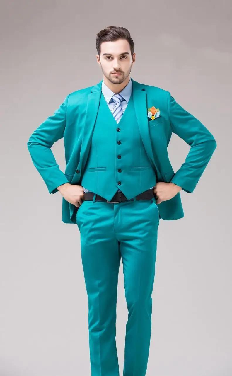 Costume de marié vert bleu turquoise à revers cranté pour homme