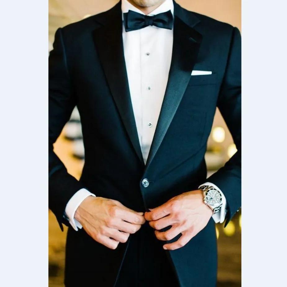 GroomTIME-Costume de Marié Noir en Satin à Revers pour Homme