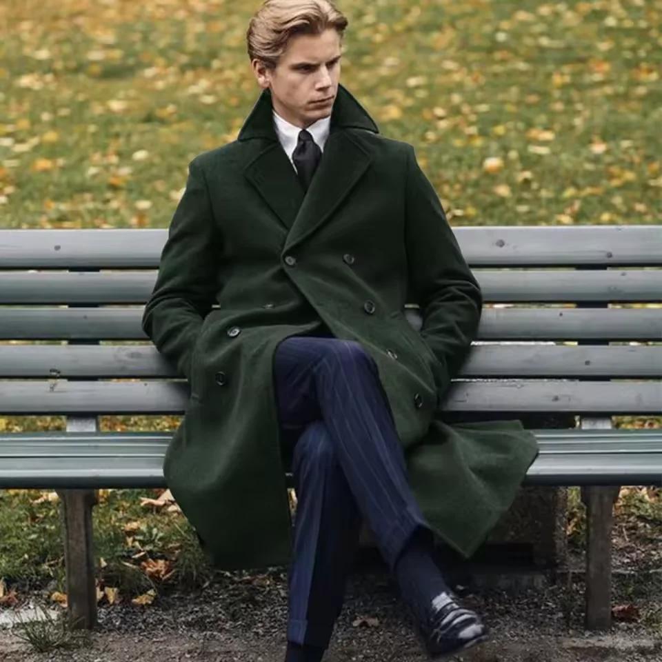 2025 nouvelle laine longs hommes manteaux de luxe hiver couleur unie Double boutonnage