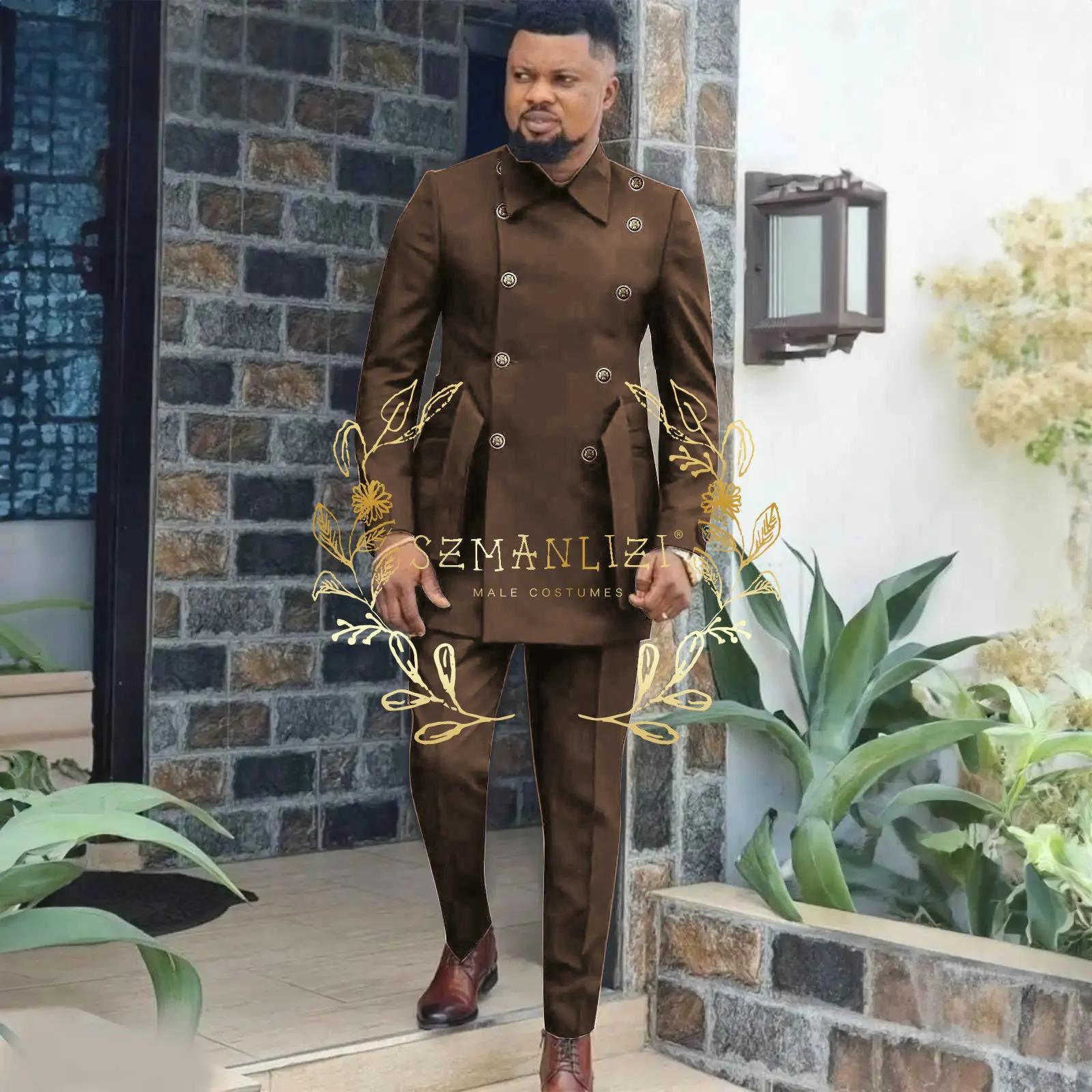 Costume pour hommes de Style affrican 2 pièces bleu Royal Double boutonnage Blazer de mariage pantalon ceinture