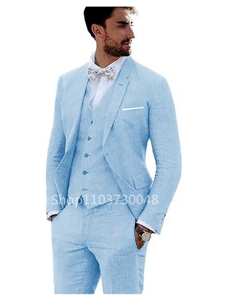 Costume 3 Pièces en Lin Beige/Bleu pour Homme