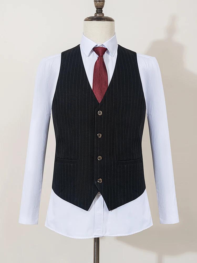 Ensemble 3 pièces (veste + gilet + pantalon) costume rayé noir coupe ajustée luxueux et élégant