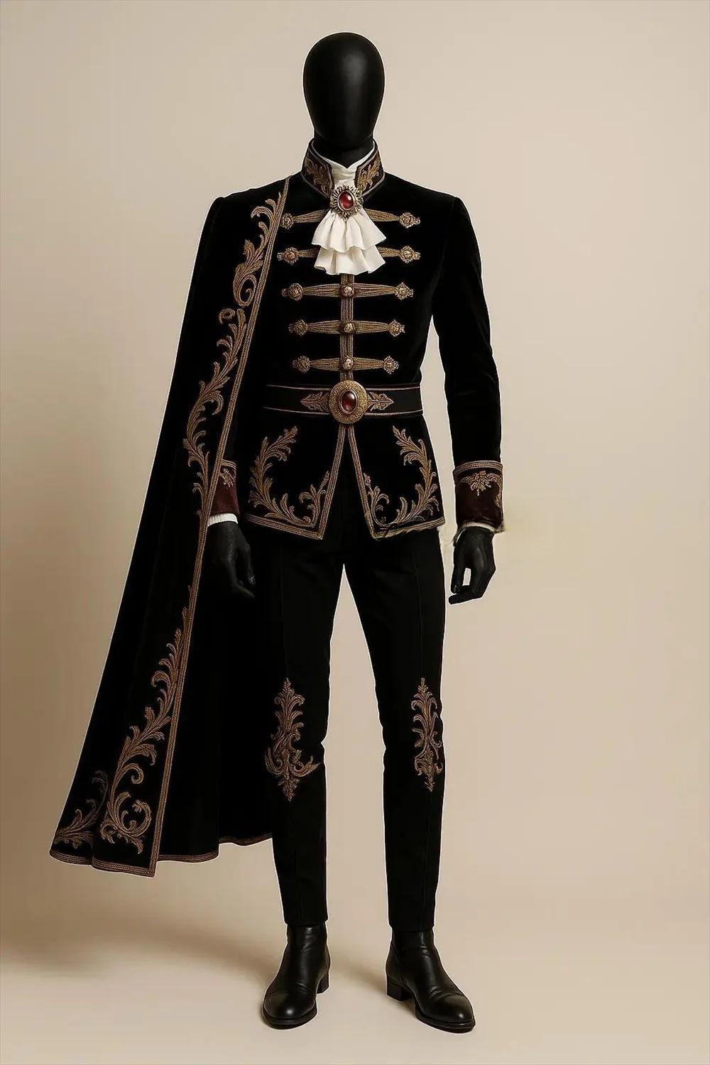 Noir or brodé victorien Rococo Baroque gothique Prince roi aristocrate Gentleman médiéval chevalier Costume tenue militaire