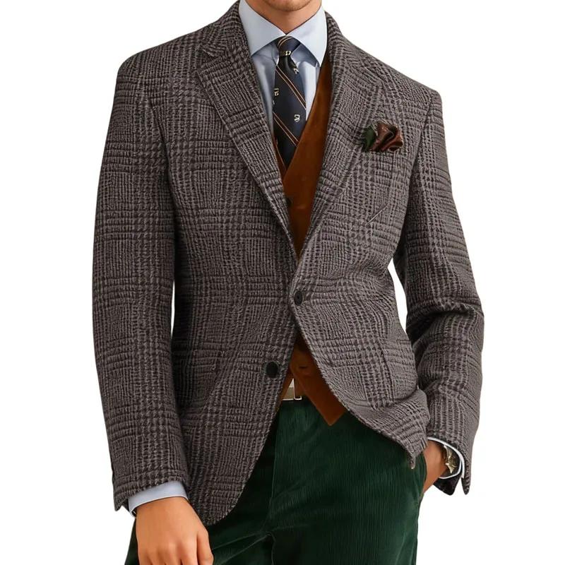 Automne hiver hommes costumes veste formelle simple boutonnage Plaid Blazer Tweed porter Tuxedos affaires décontracté