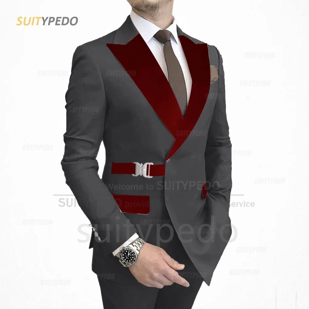 Ensemble Veste à Revers en Velours Bordeaux pour Homme