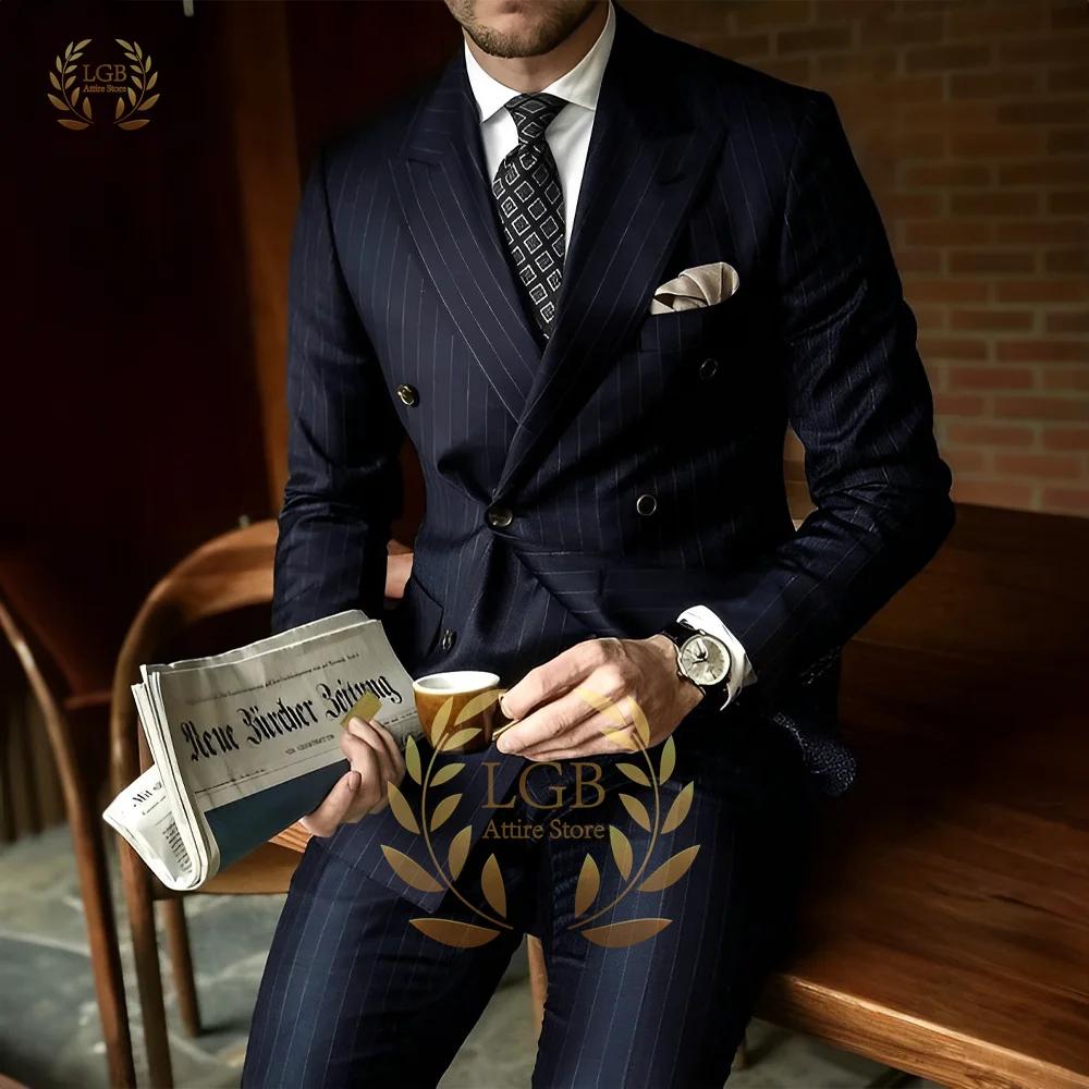 Costume Homme Premium Rayé Coupe Slim Revers Tendance Double Boutonnage 2 Pièces Formel Business Décontracté Mariage Marié Smoking