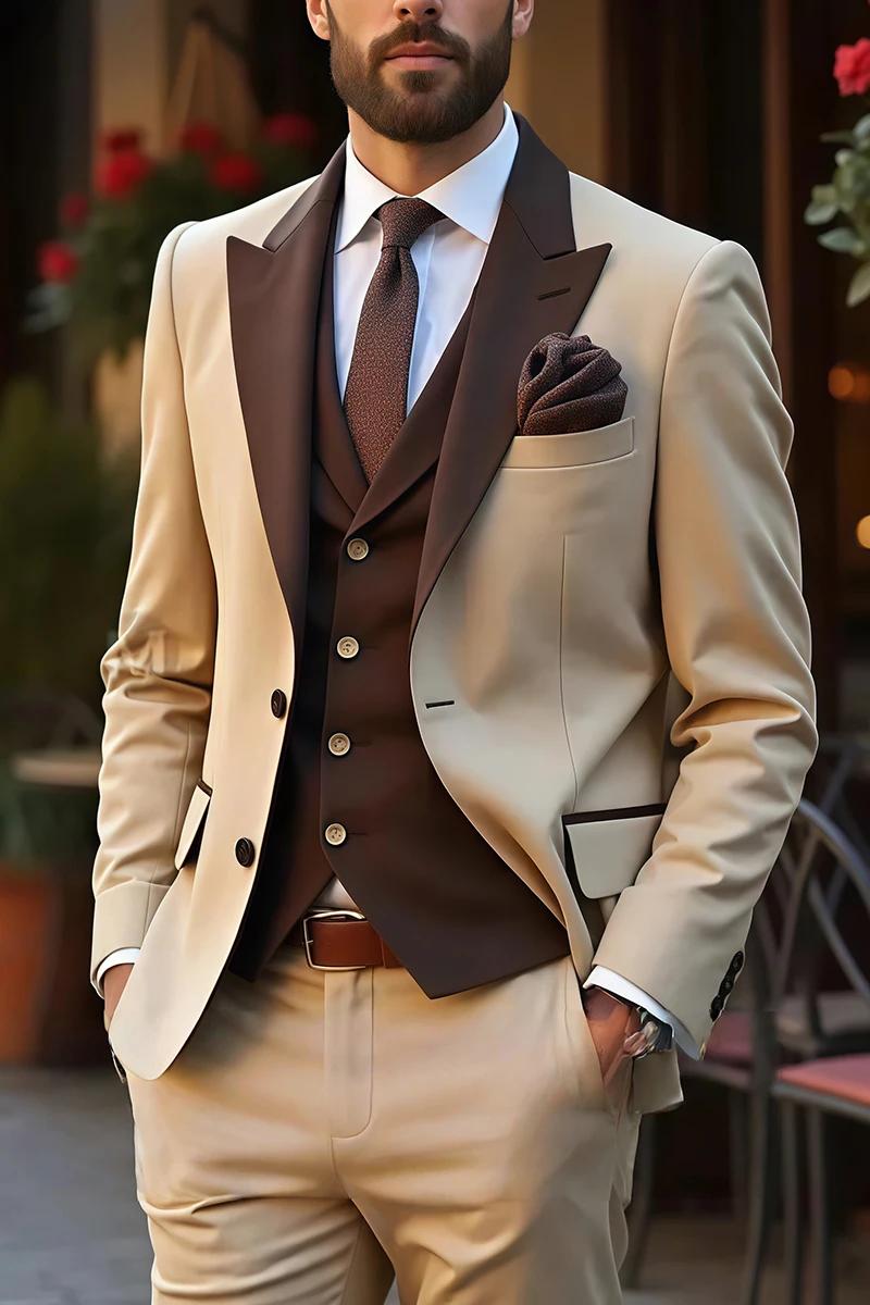 Costume Homme Marron 3 Pièces à Revers Pointus