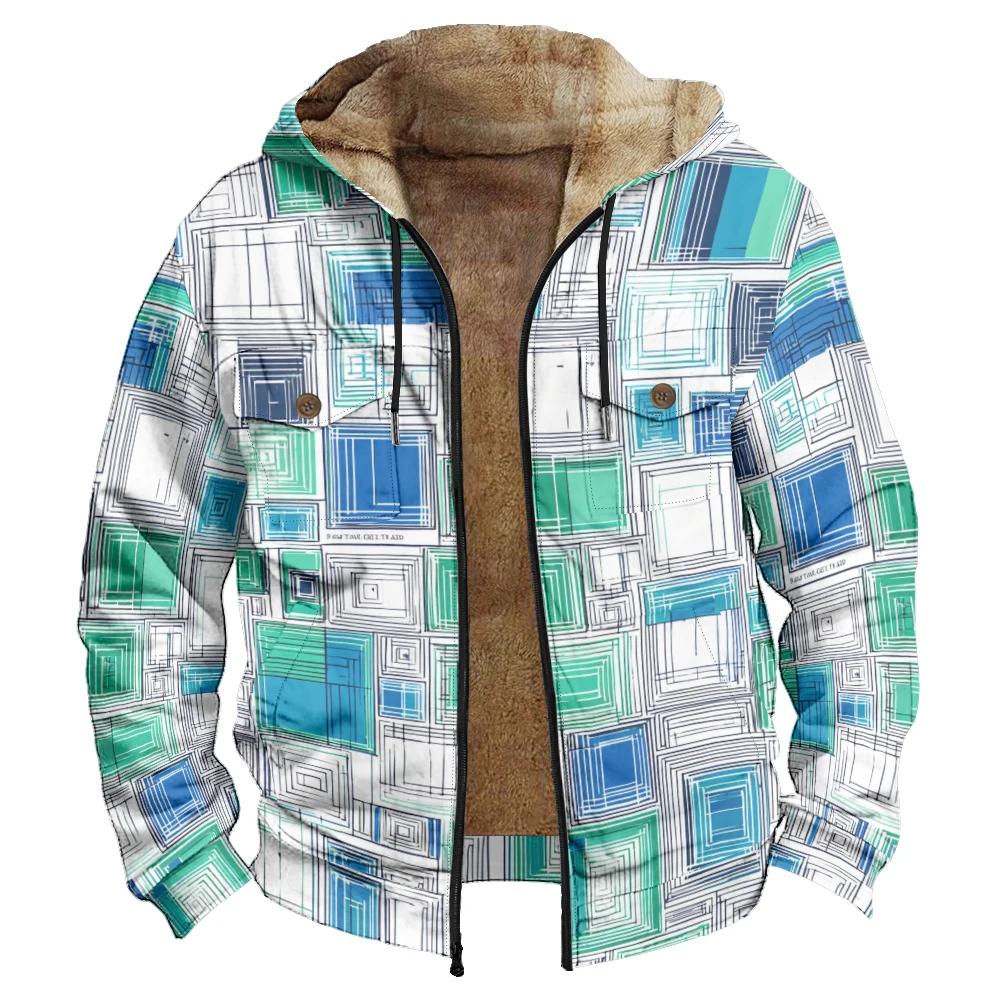 Hommes hiver géométrique feuille de palmier à pois vestes à capuche manteaux imprimer peluche épais chasse fermier Streetwear vêtements d'extérieur à la mode
