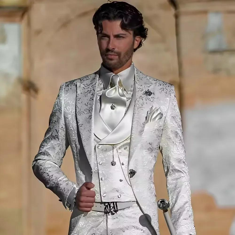 Costume de mariage pour homme en jacquard floral blanc