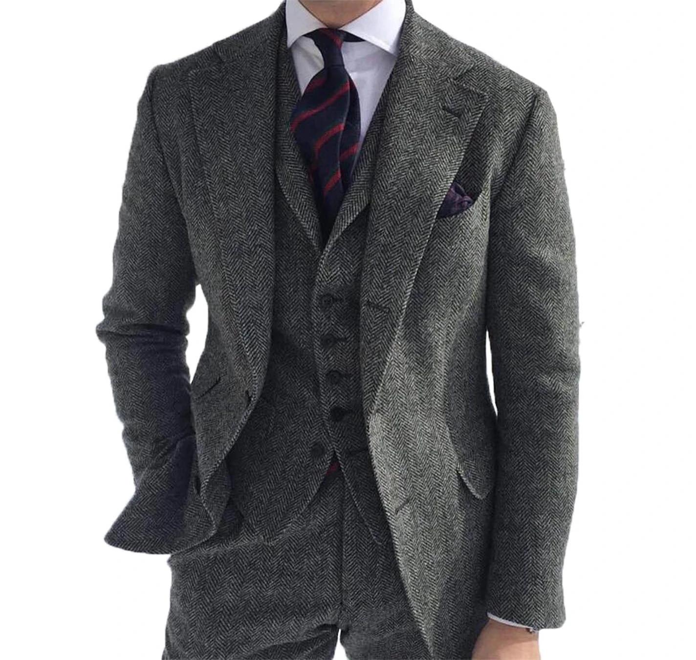 Costume 3 Pièces en Laine Verte pour Homme