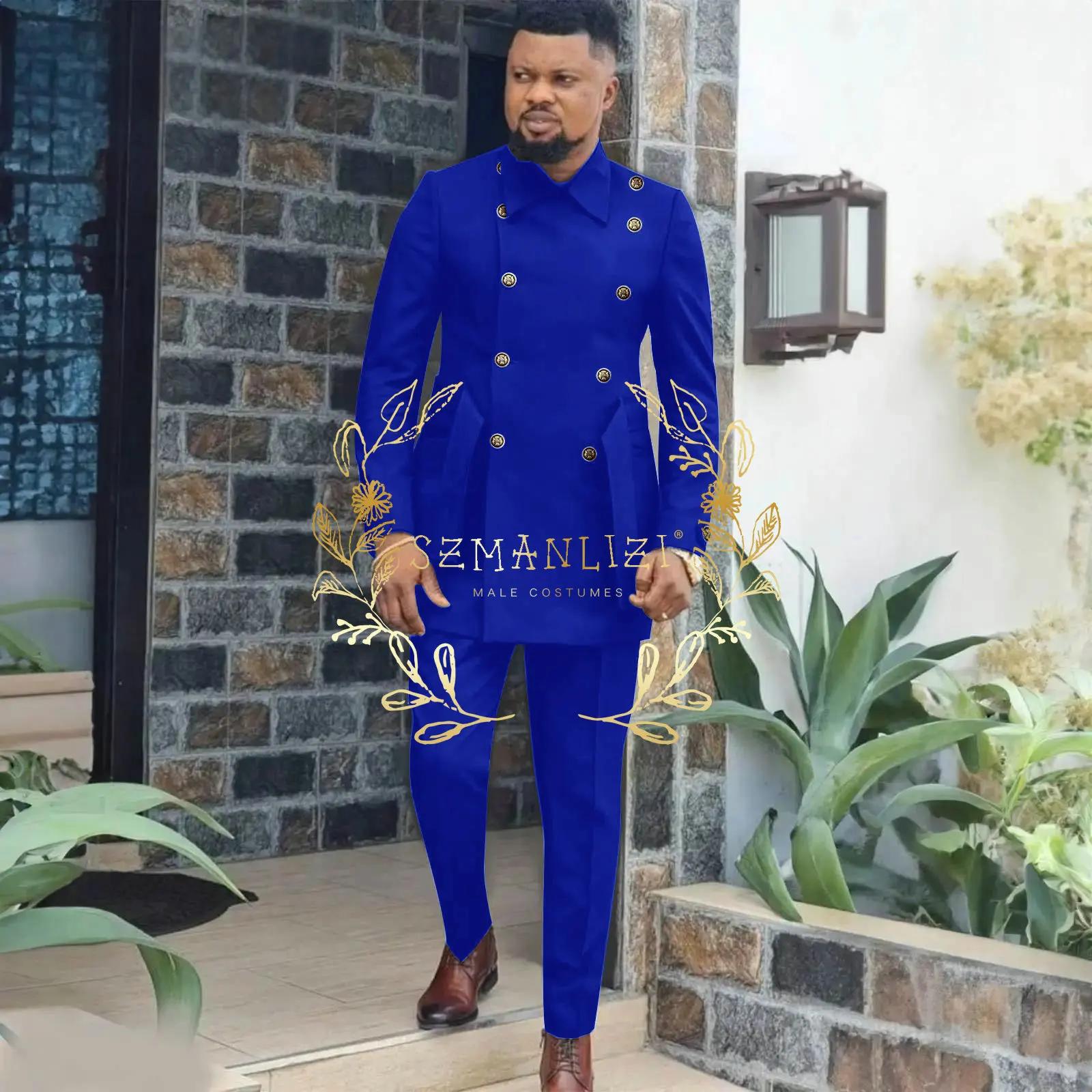 Costume pour hommes de Style affrican 2 pièces bleu Royal Double boutonnage Blazer de mariage pantalon ceinture