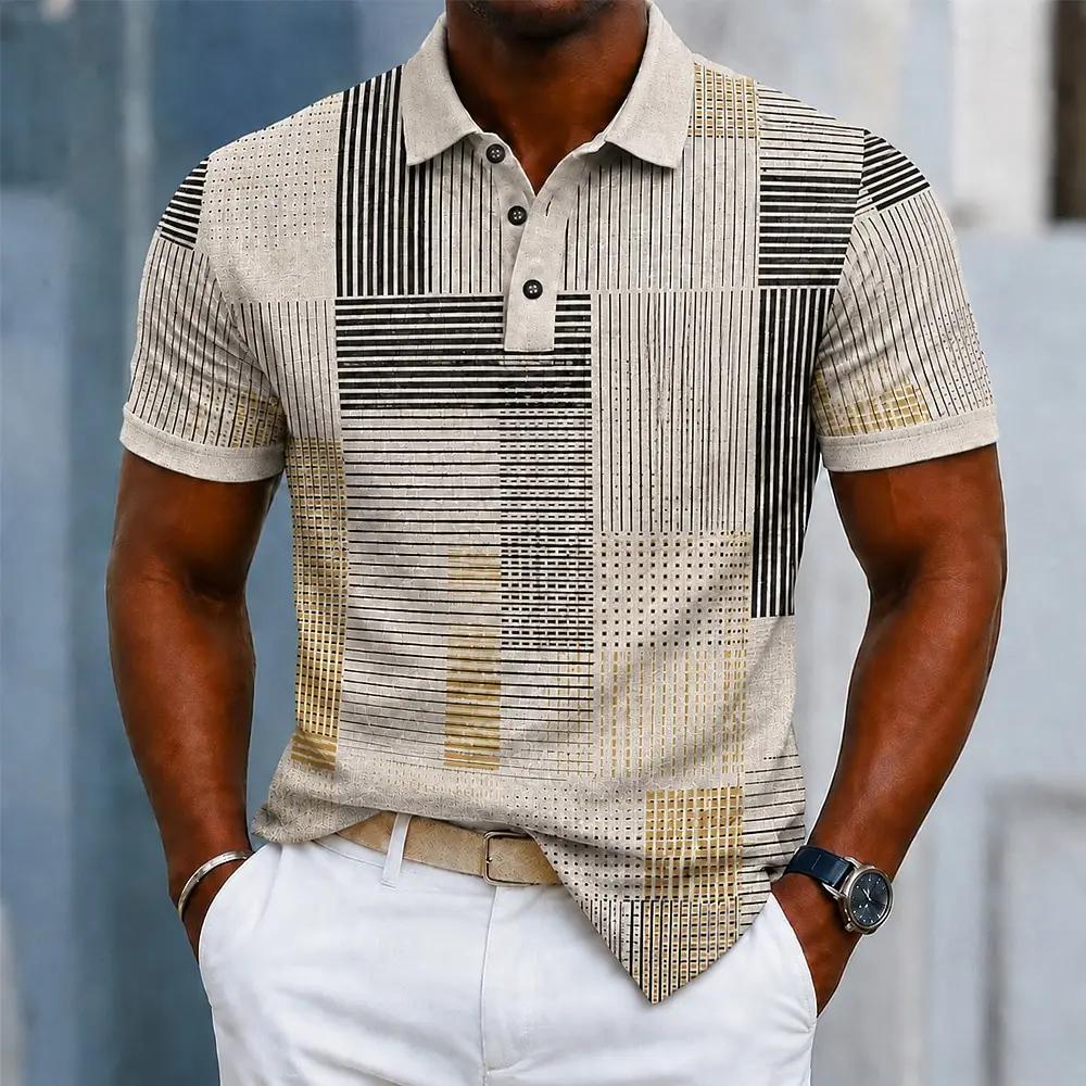 Polo pour homme beige à rayures géométriques