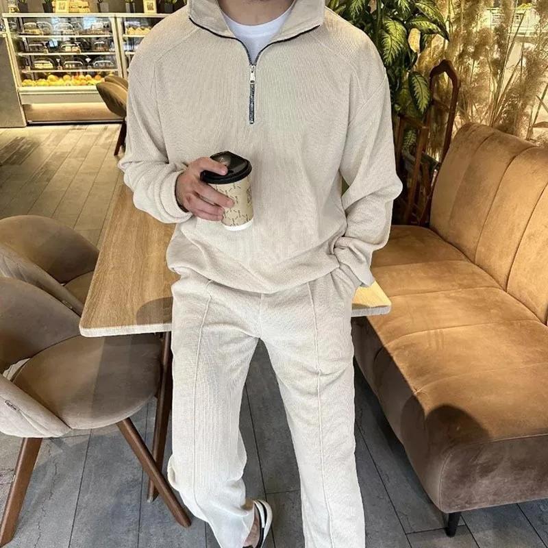 Nouveau costume décontracté pour homme en velours côtelé tendance avec col montant et demi-fermeture éclair