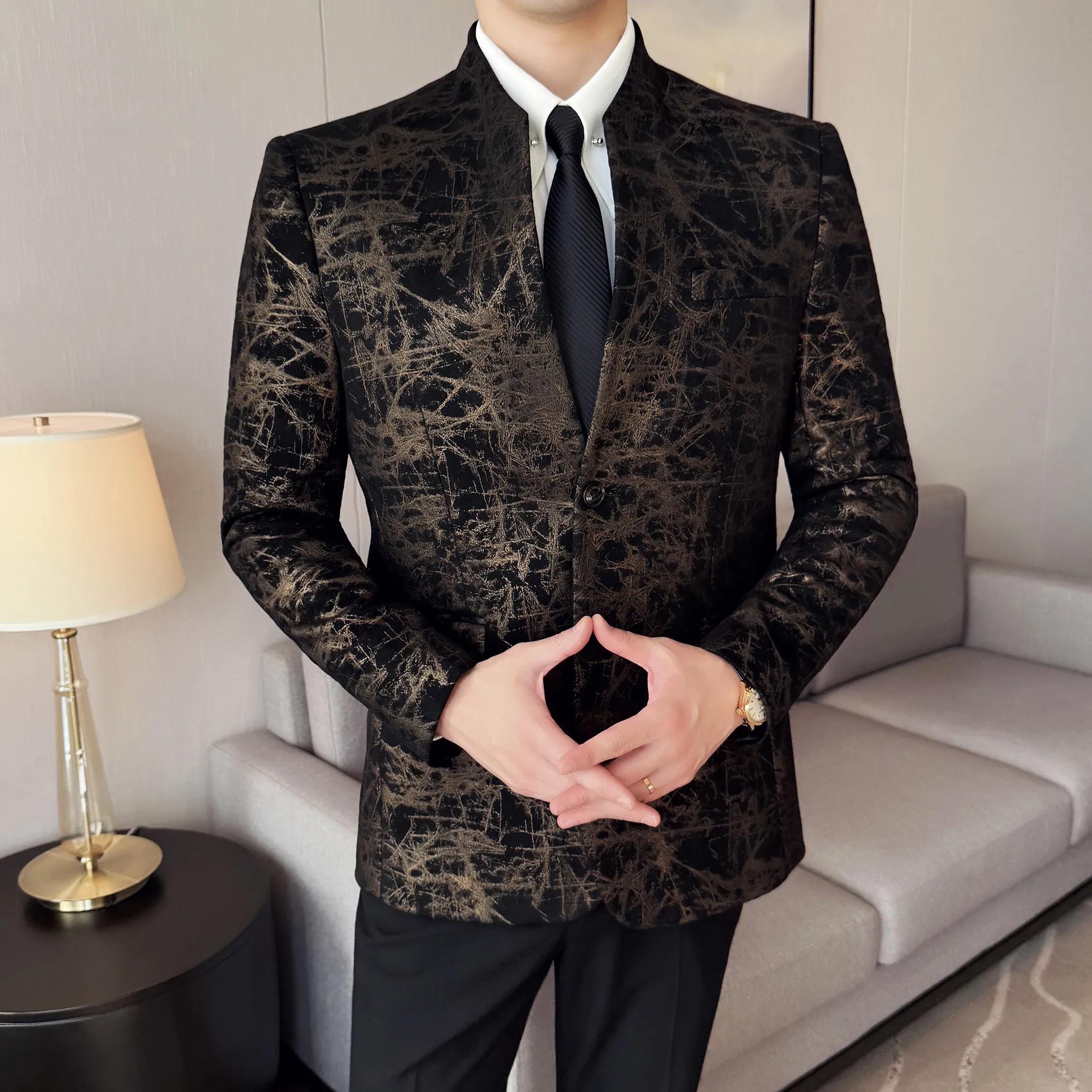 Veste de costume Jacquard à col montant pour hommes