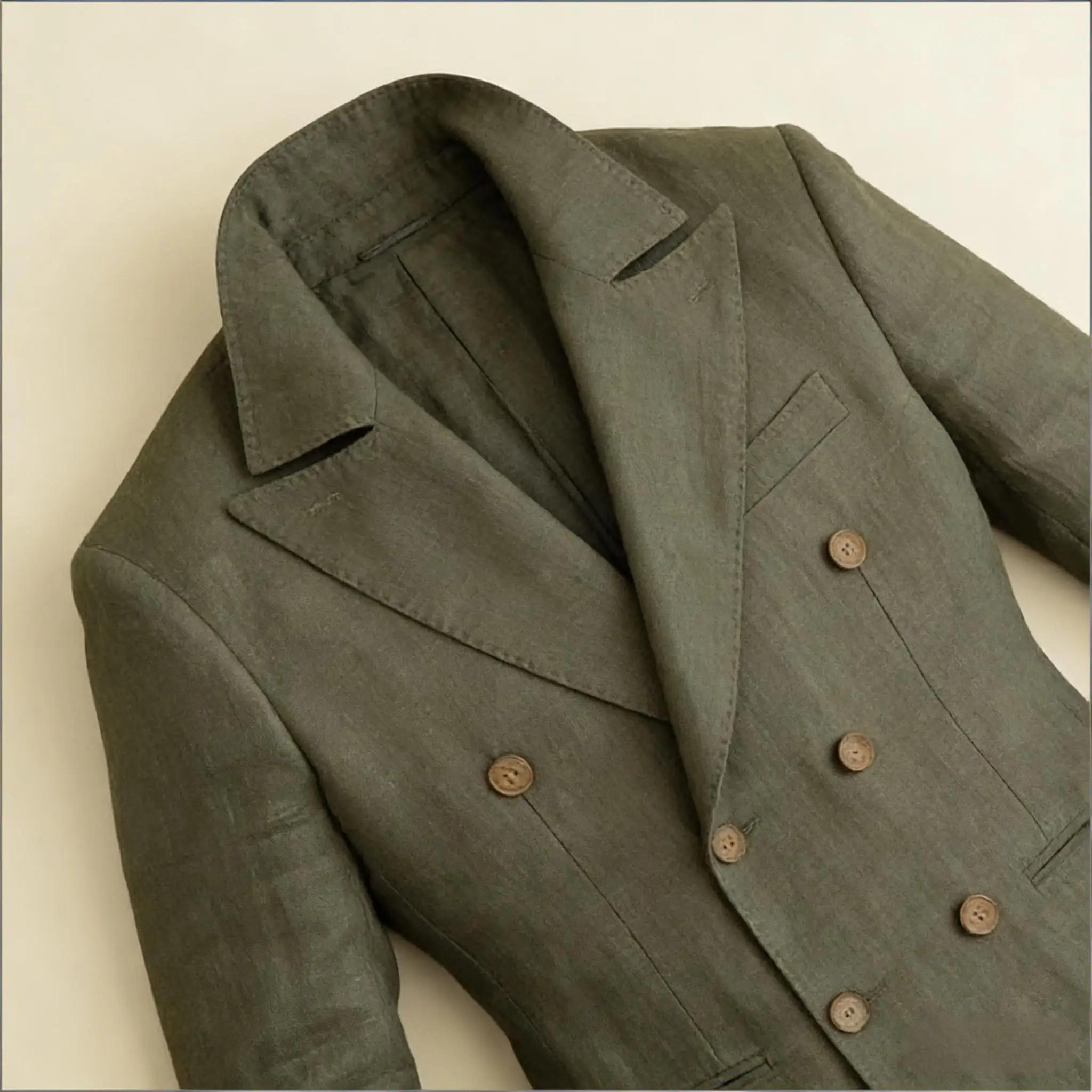 Blazer en lin vintage pour homme, croisé, à revers pointus, coupe ajustée, respirant, doux, infroissable, style business décontracté