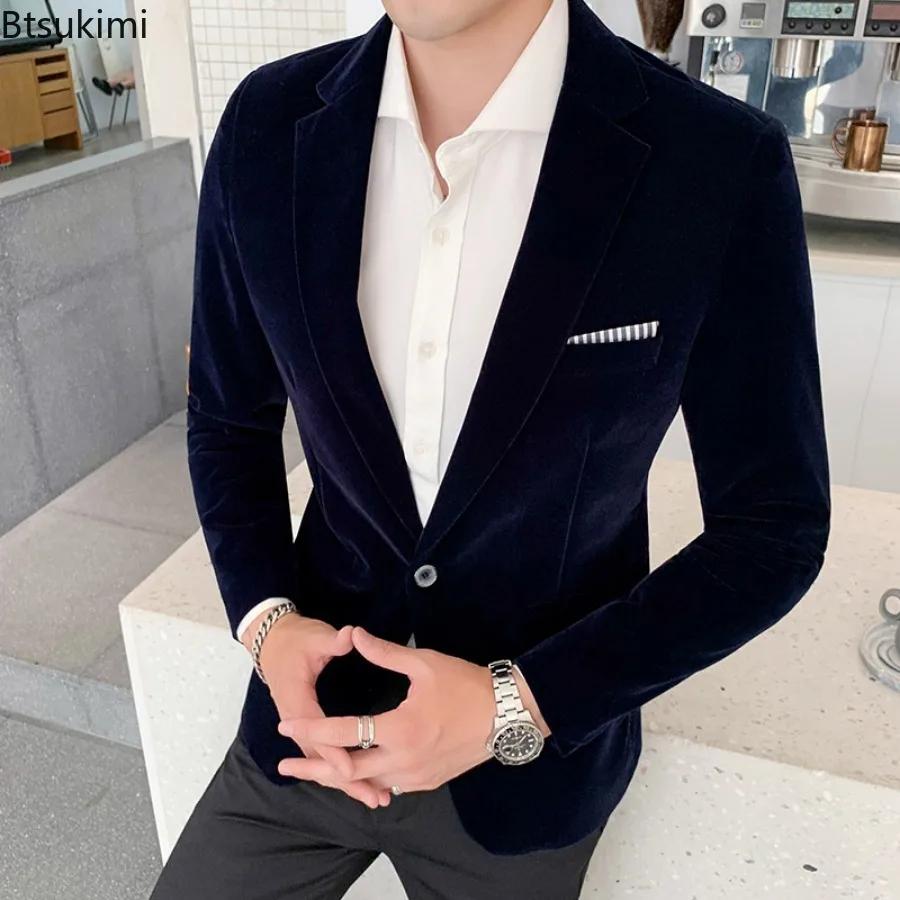 Nouveau Blazer Homme Style Coréen 2026 – Veste de Costume en Velours Luxe Tendance Décontractée Coupe Slim Formelle