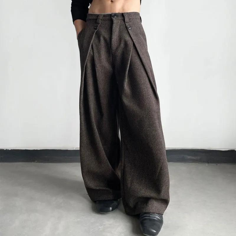 Mode plis bouton jambe large costume pantalon vêtements pour hommes américain couleur unie automne hiver rétro
