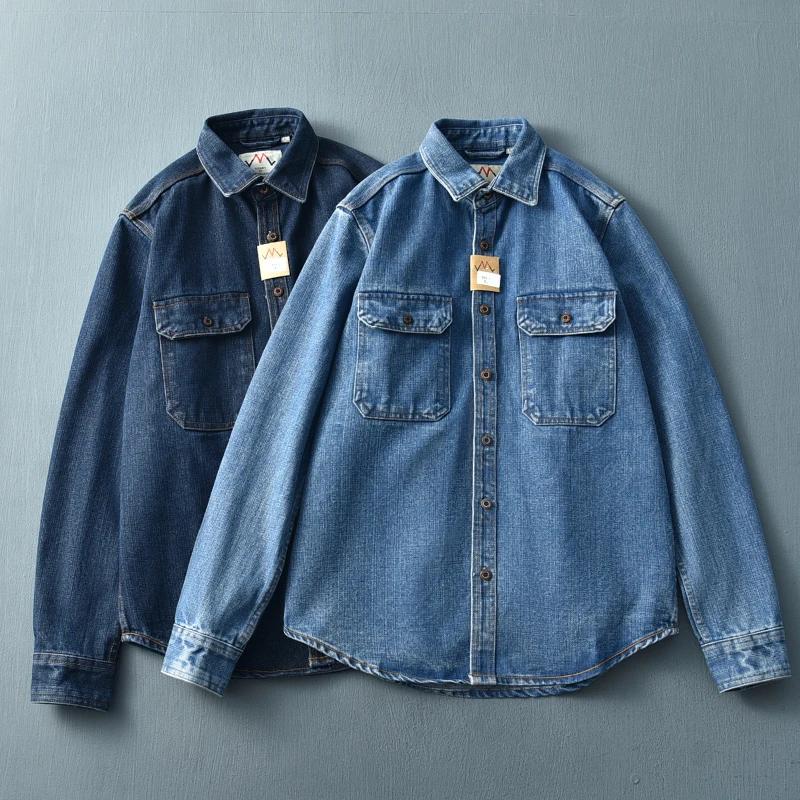 ChimMen-Chemise en Denim Bleu Délavé à l'Eau