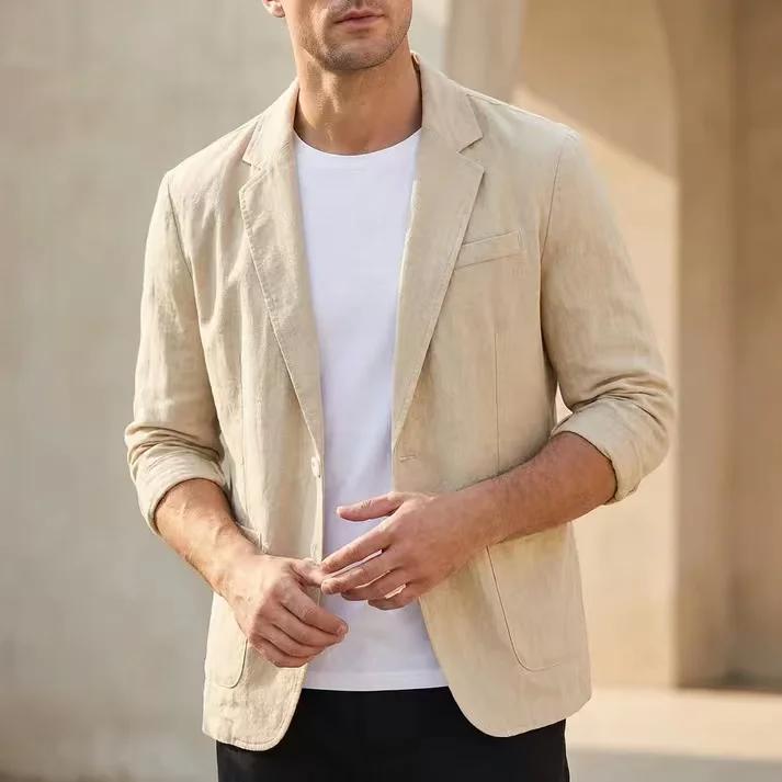 Blazer en lin pour homme – Veste décontractée respirante pour le printemps et l'été – Costume de bureau à simple boutonnage – Manteau sport quotidien