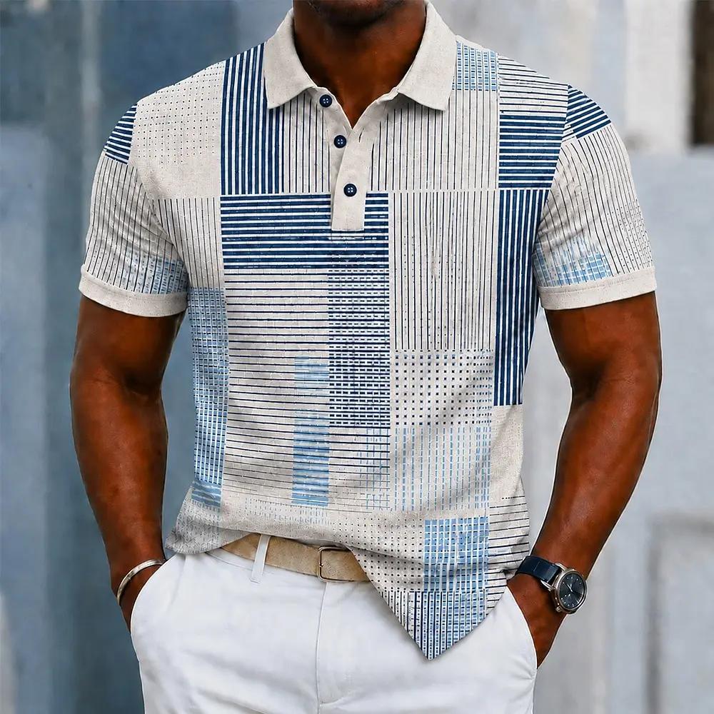 Polo pour homme beige à rayures géométriques