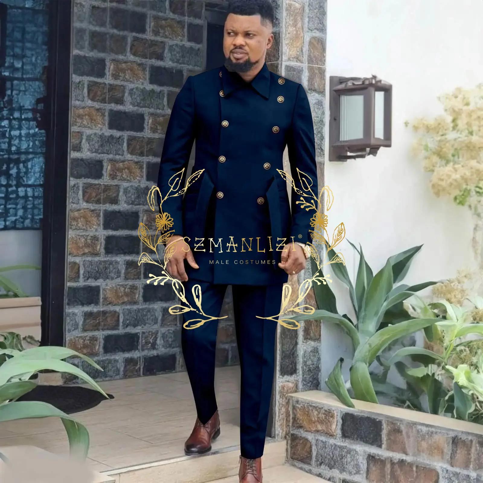 Costume pour hommes de Style affrican 2 pièces bleu Royal Double boutonnage Blazer de mariage pantalon ceinture