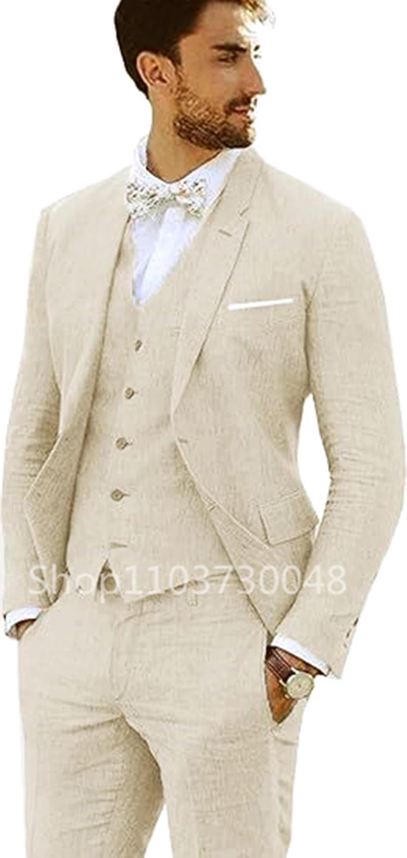 Costume 3 Pièces en Lin Beige/Bleu pour Homme